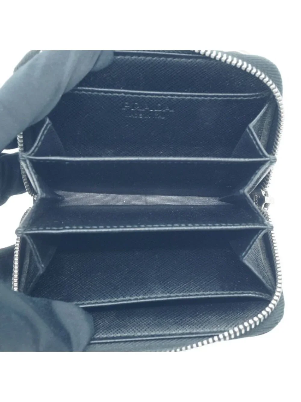 Prada Shoulder Card Slot Coin Purse Leather Coinverse Black Silver